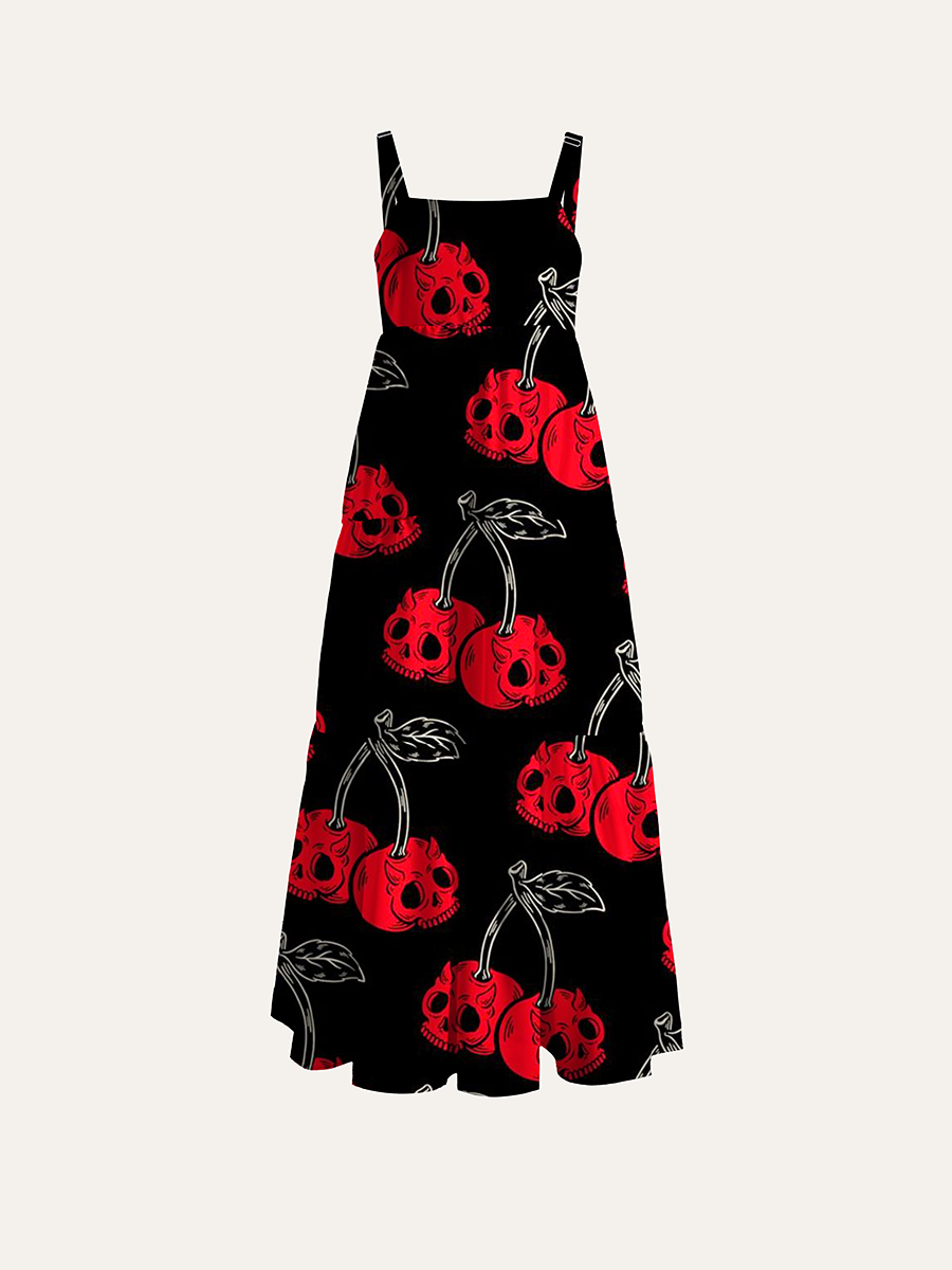Red Devil Skull Cherry Gothic Rock Adjustable Wide Straps Maxi Dress