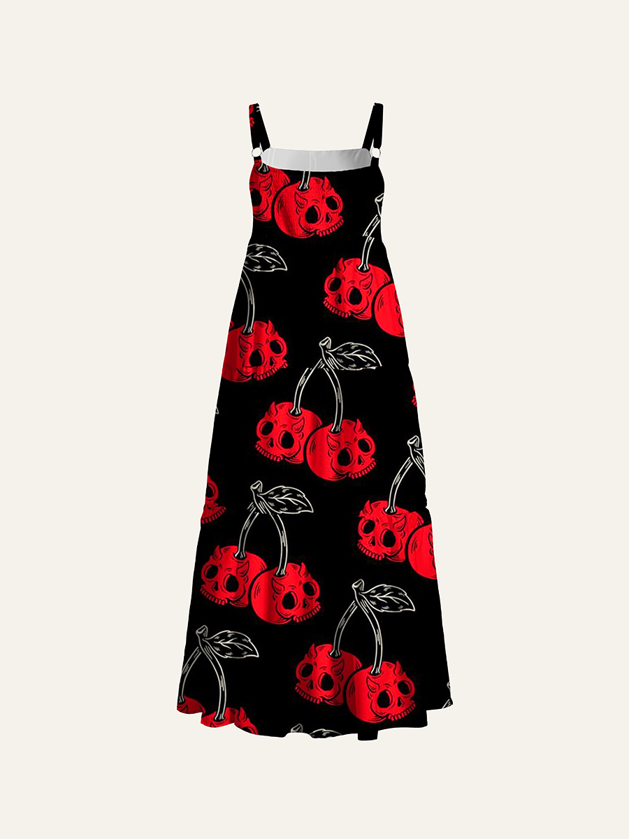 Red Devil Skull Cherry Gothic Rock Adjustable Wide Straps Maxi Dress