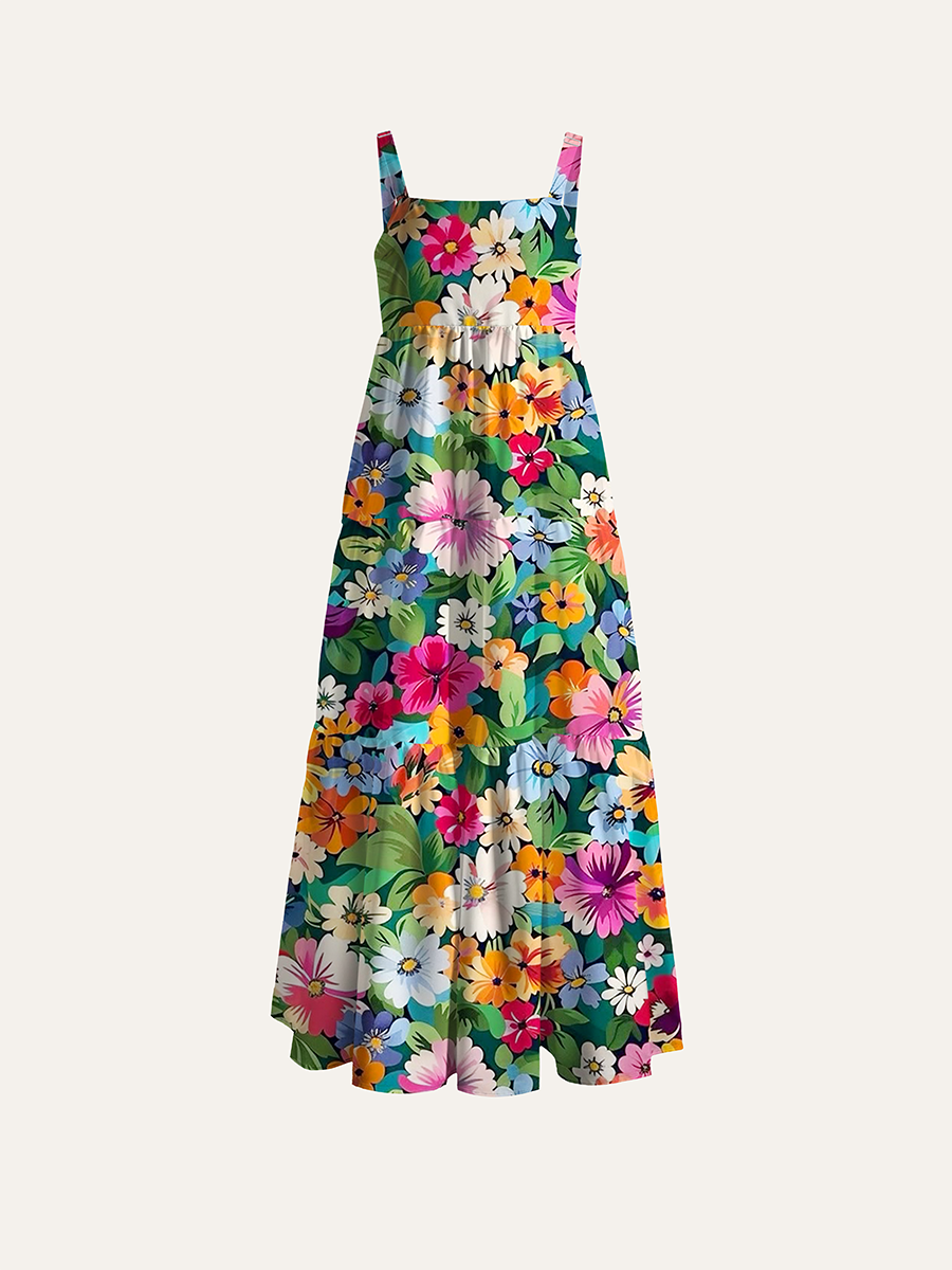 Vibrant Multicolor Cosmos Wildflower Adjustable Wide Straps Maxi Dress