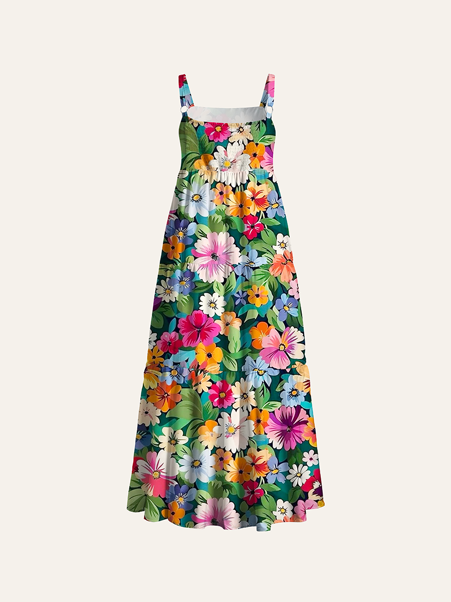 Vibrant Multicolor Cosmos Wildflower Adjustable Wide Straps Maxi Dress