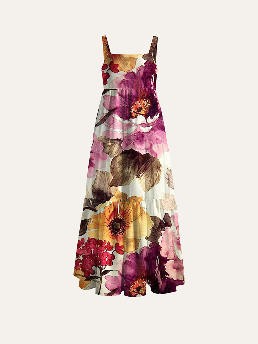 Moody Vintage Botanical Watercolor Adjustable Wide Straps Maxi Dress