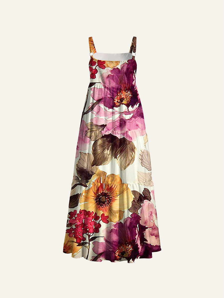 Moody Vintage Botanical Watercolor Adjustable Wide Straps Maxi Dress