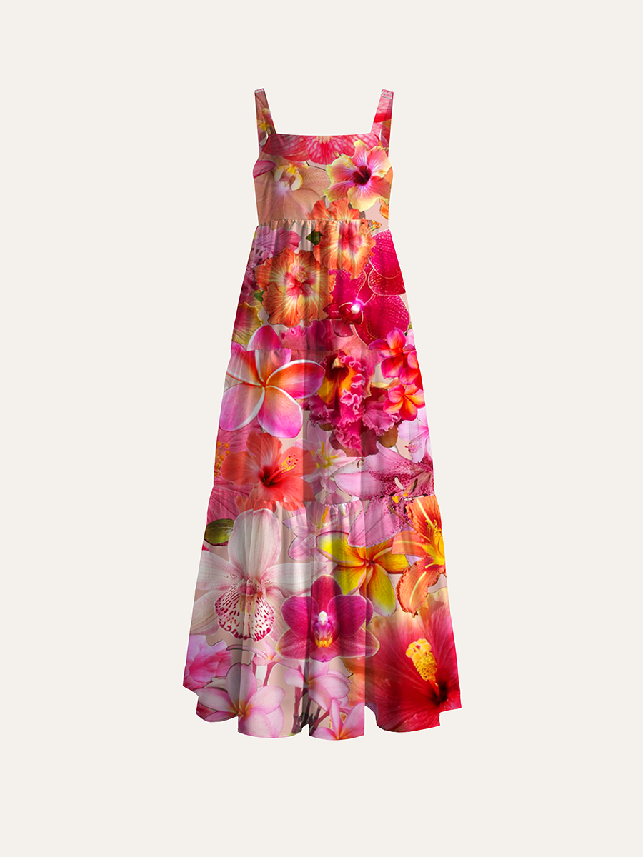 Hawaiian Tropical Photo Collage Floral Adjustable Wide Straps Maxi Dress
