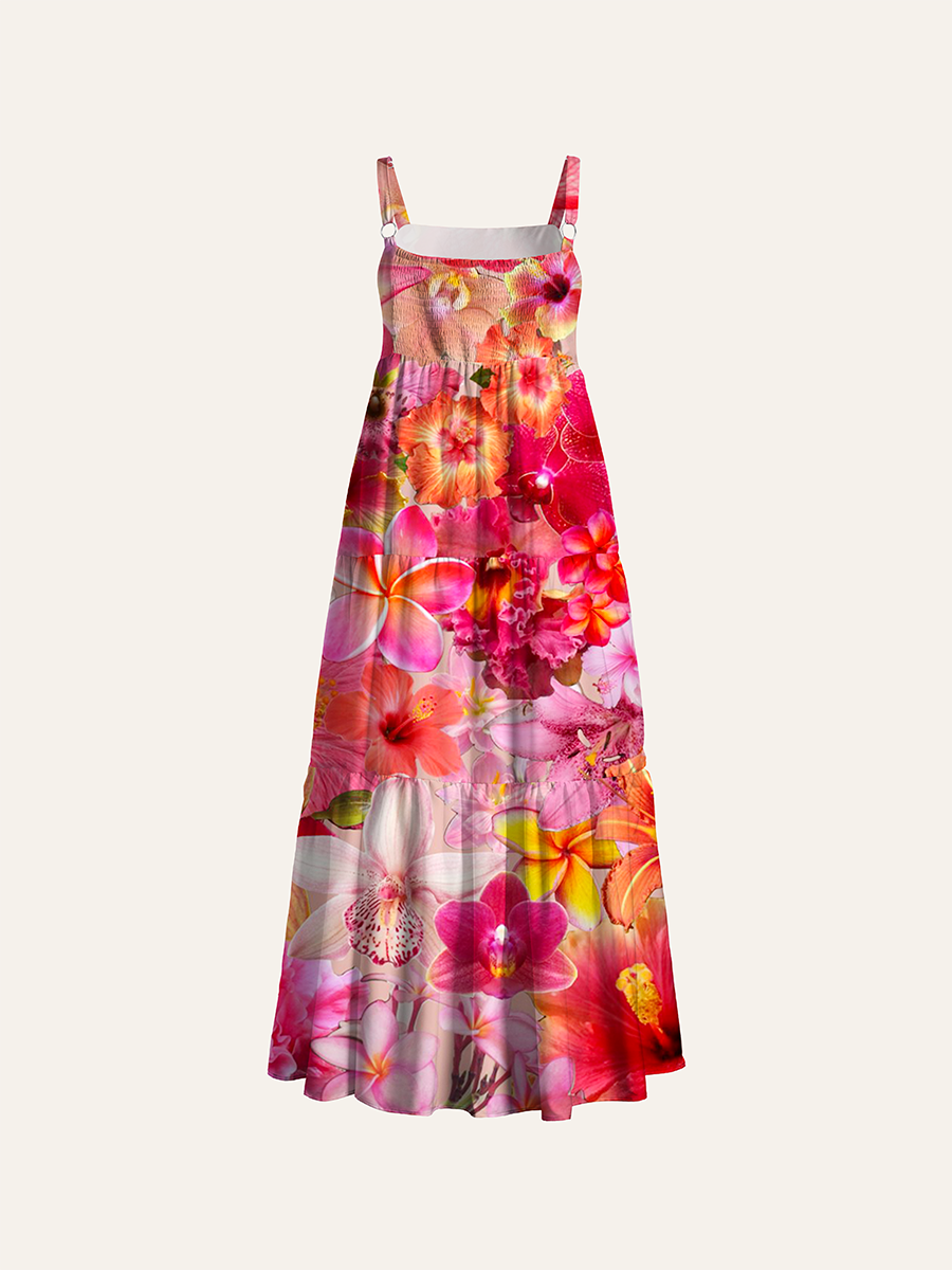 Hawaiian Tropical Photo Collage Floral Adjustable Wide Straps Maxi Dress