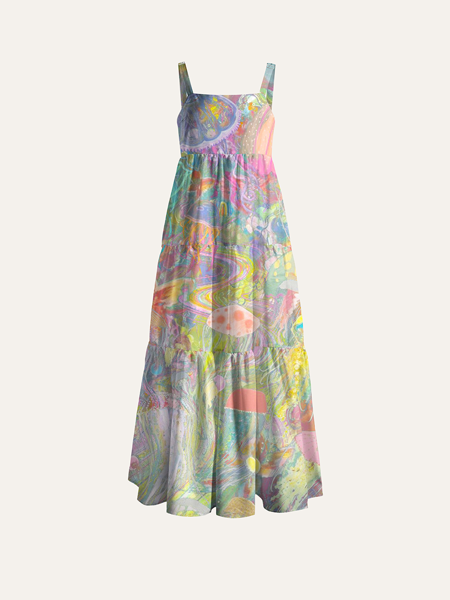 Psychedelic Rainbow Jellyfish Underwater Watercolor Adjustable Wide Straps Maxi Dress