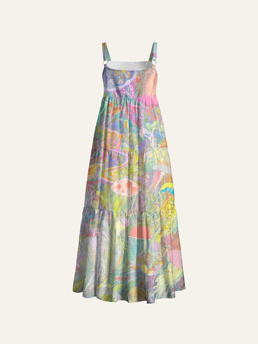Psychedelic Rainbow Jellyfish Underwater Watercolor Adjustable Wide Straps Maxi Dress