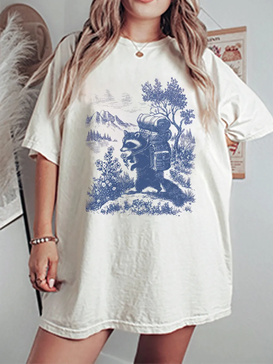 Vintage Raccoon Hiking Oversize Graphic Tee
