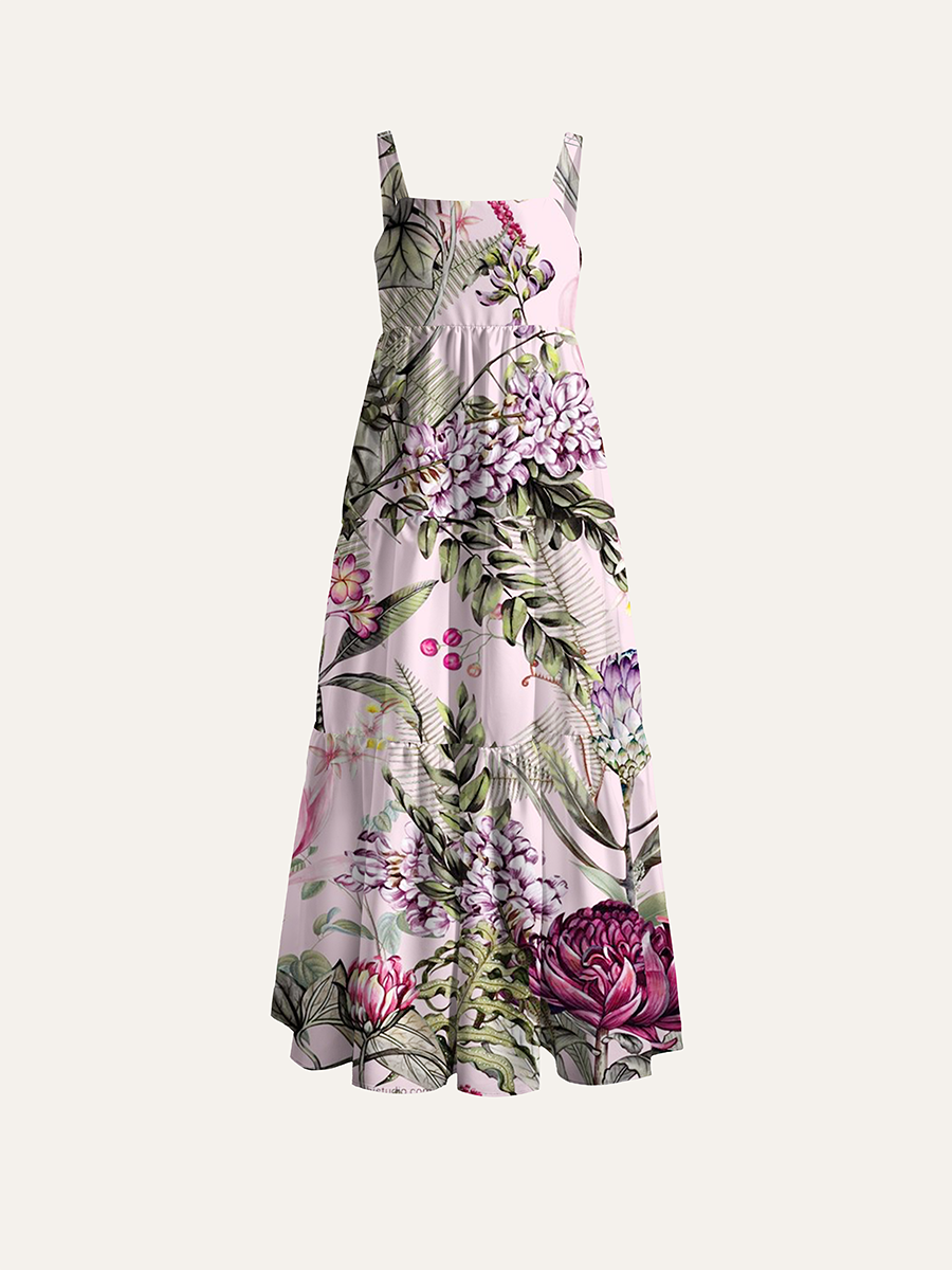 Tropical Magnolia Protea Floral Watercolor Adjustable Wide Straps Maxi Dress