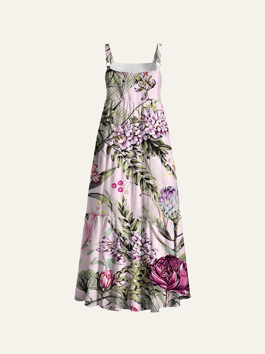 Tropical Magnolia Protea Floral Watercolor Adjustable Wide Straps Maxi Dress