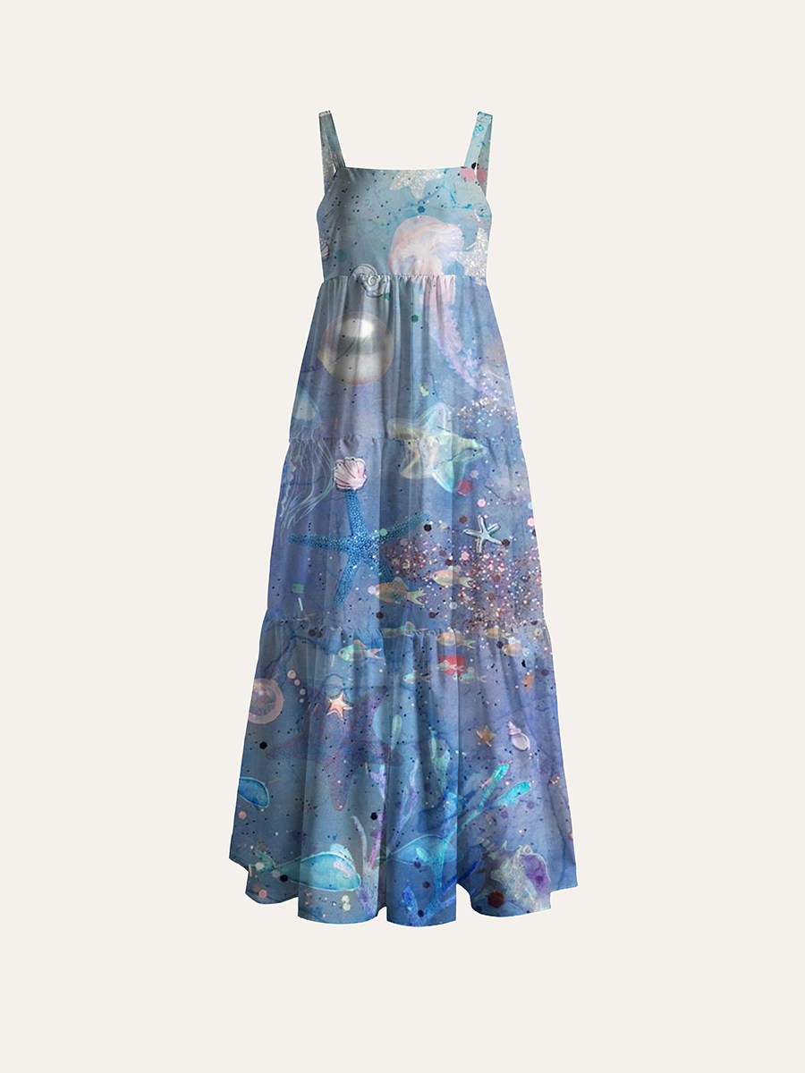 Magical Mermaid Glitter Nautical Watercolor Adjustable Wide Straps Maxi Dress