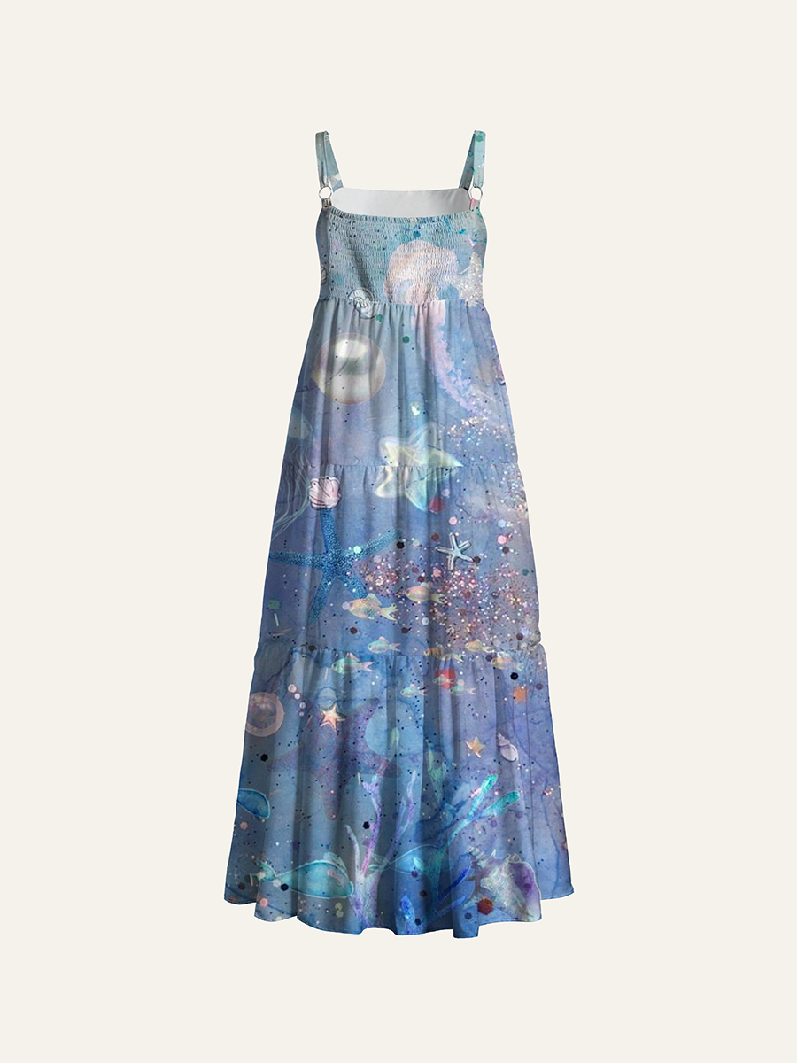 Magical Mermaid Glitter Nautical Watercolor Adjustable Wide Straps Maxi Dress