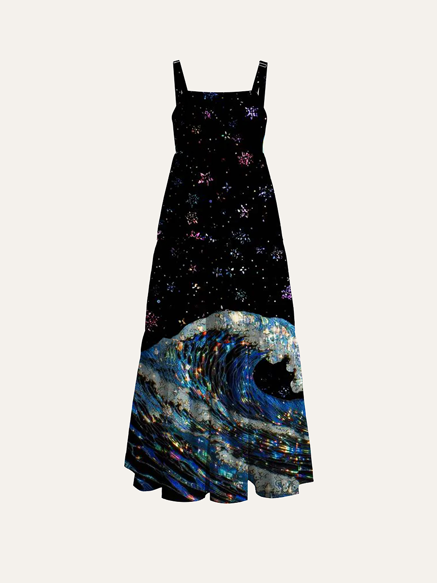 Holographic Galaxy Moon Wave Adjustable Wide Straps Maxi Dress
