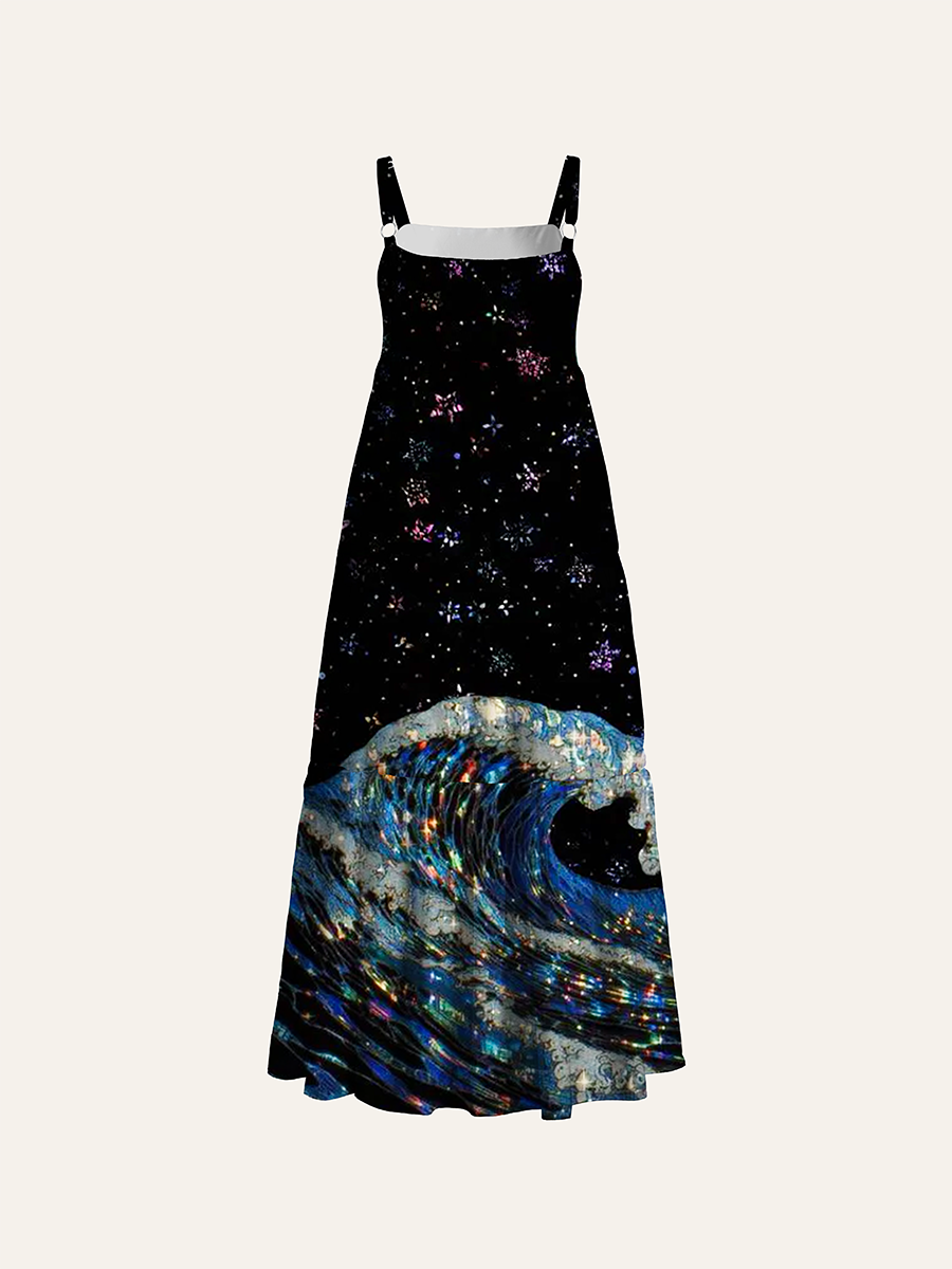 Holographic Galaxy Moon Wave Adjustable Wide Straps Maxi Dress