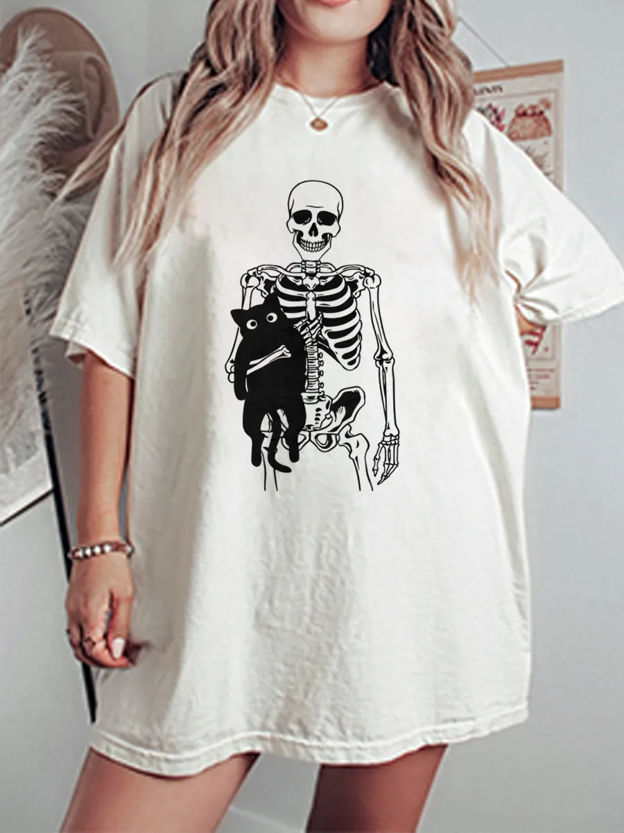 Vintage Skeleton And Cat Oversize Graphic Tee