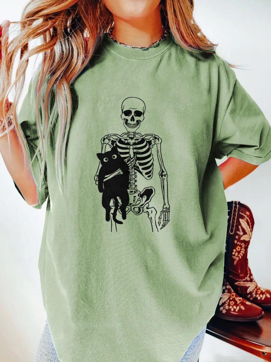 Vintage Skeleton And Cat Oversize Graphic Tee