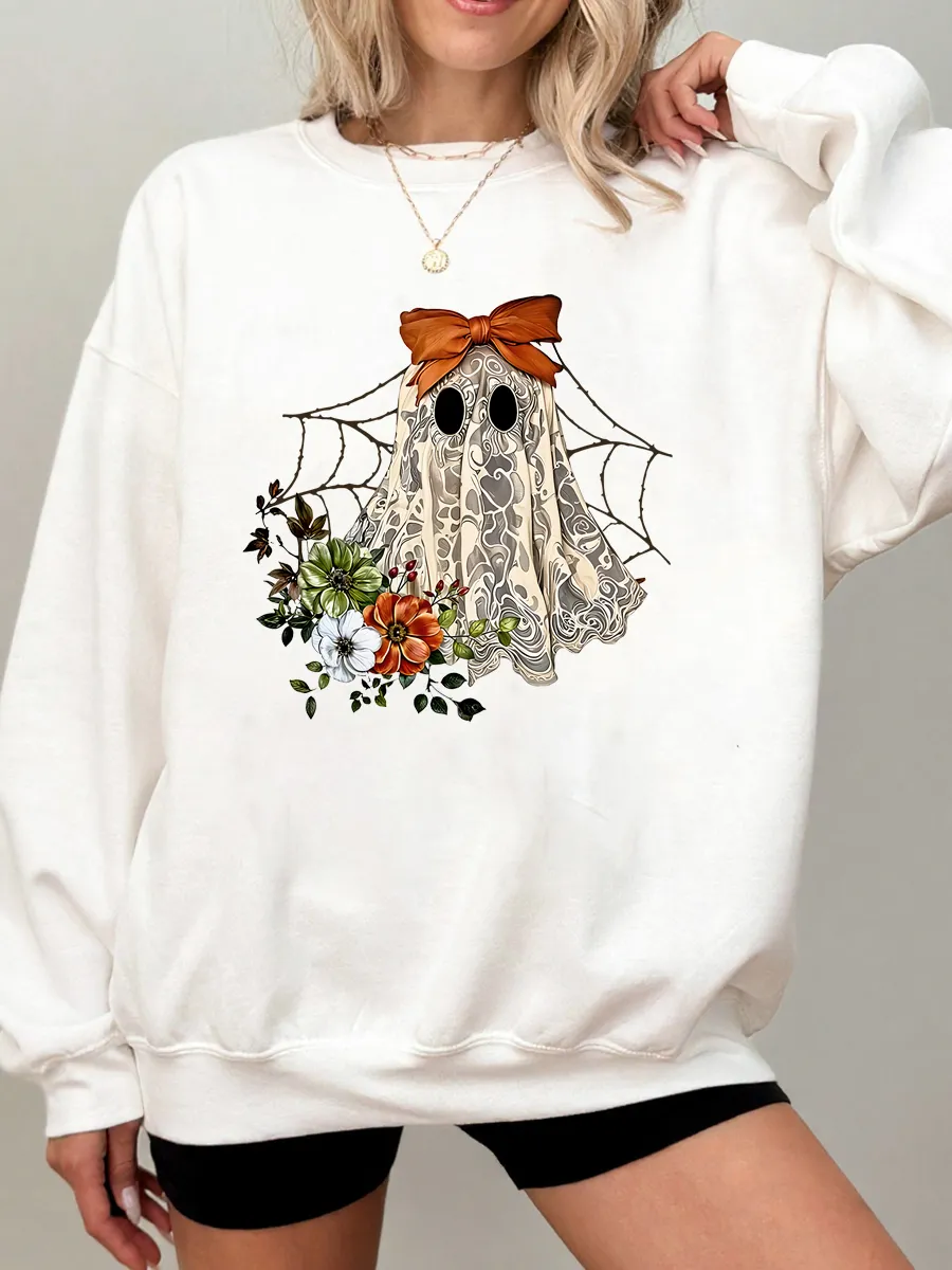 Vintage Halloween Lace Ghost Oversize Graphic Sweatshirt