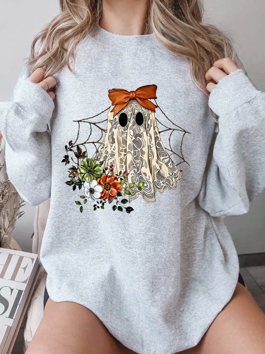 Vintage Halloween Lace Ghost Oversize Graphic Sweatshirt