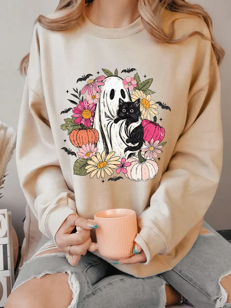 Vintage Cute Ghost Black Cat Oversize Graphic Sweatshirt