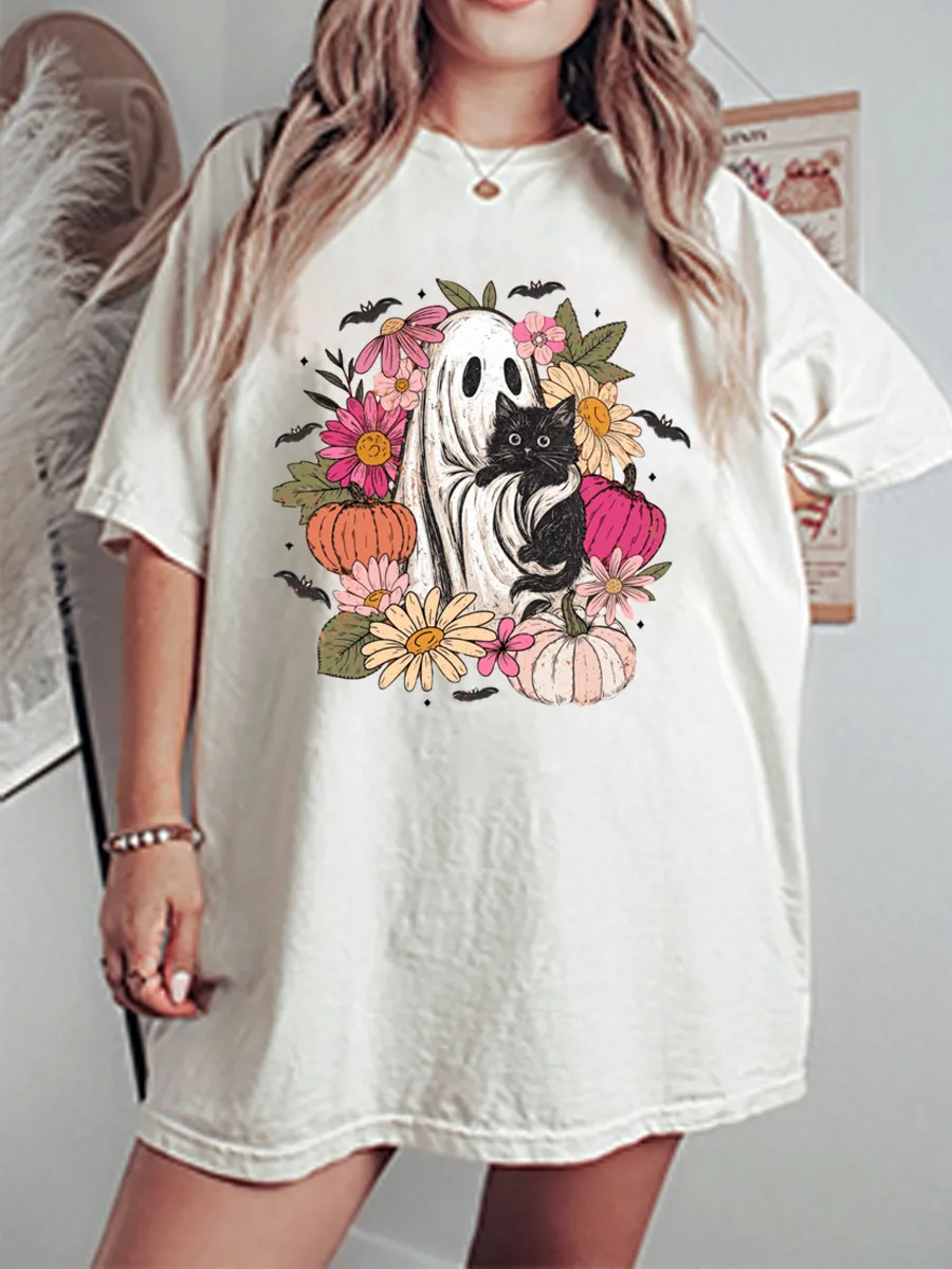 Vintage Cute Ghost Black Cat Oversize Graphic Tee