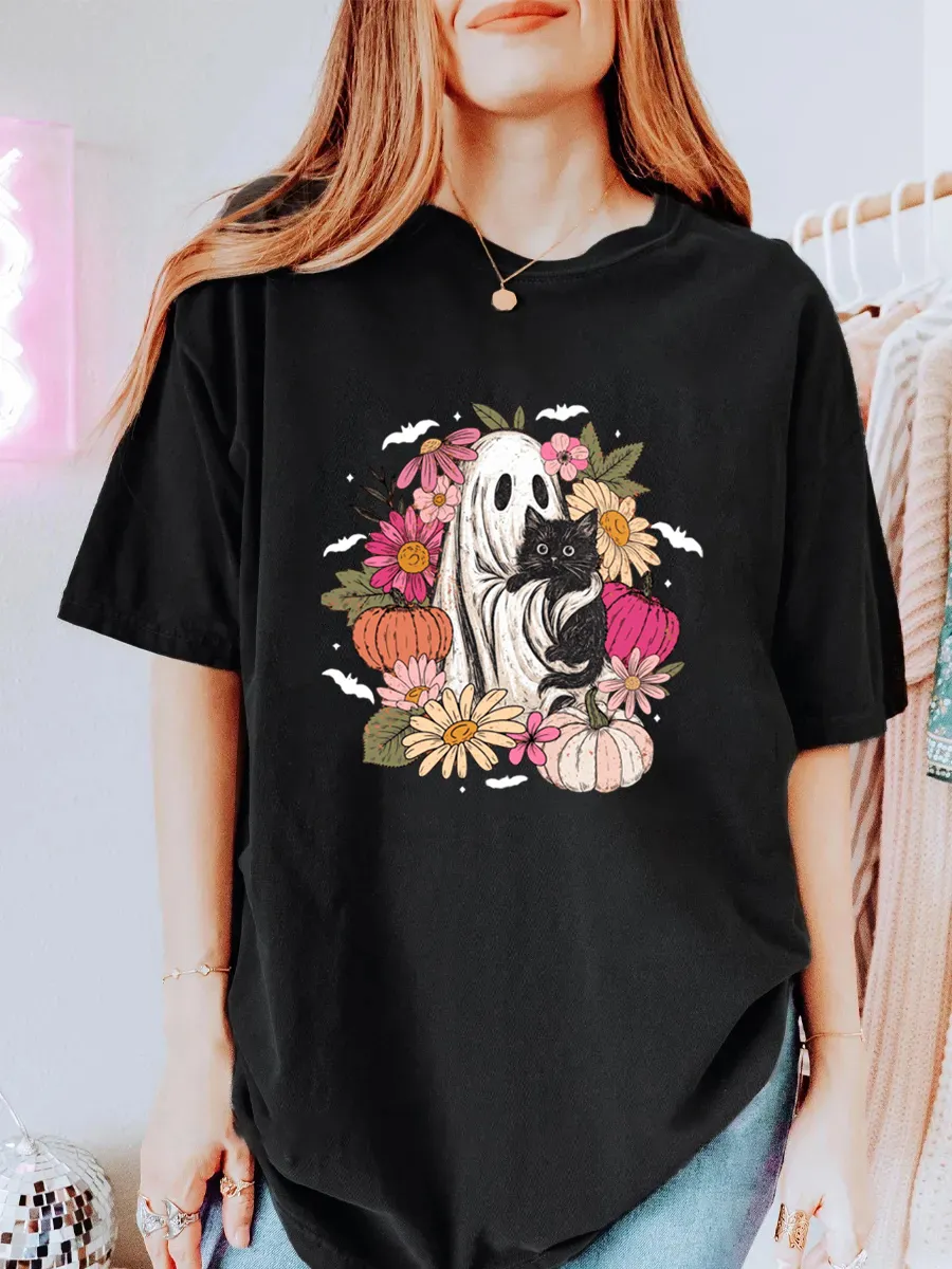 Vintage Cute Ghost Black Cat Oversize Graphic Tee