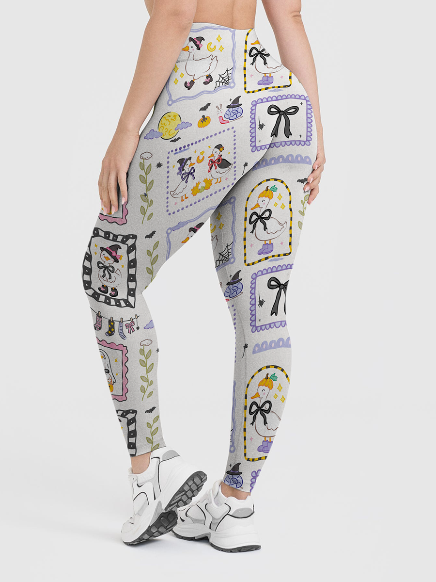 Vintage Sticker Frame Duck Halloween Patchwork Leggings