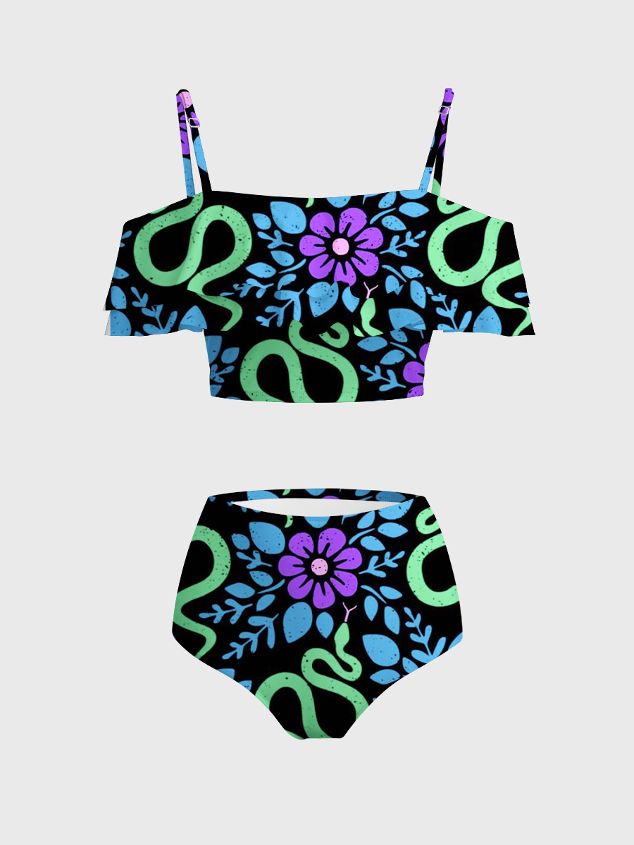 Vintage Boho Snake Floral Two Piece Ruffled Tankini Swimsuit