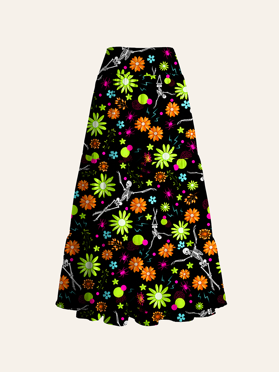 Dancing Skeleton Neon Retro Flower Halloween Cabinet Convertible Maxi Skirts