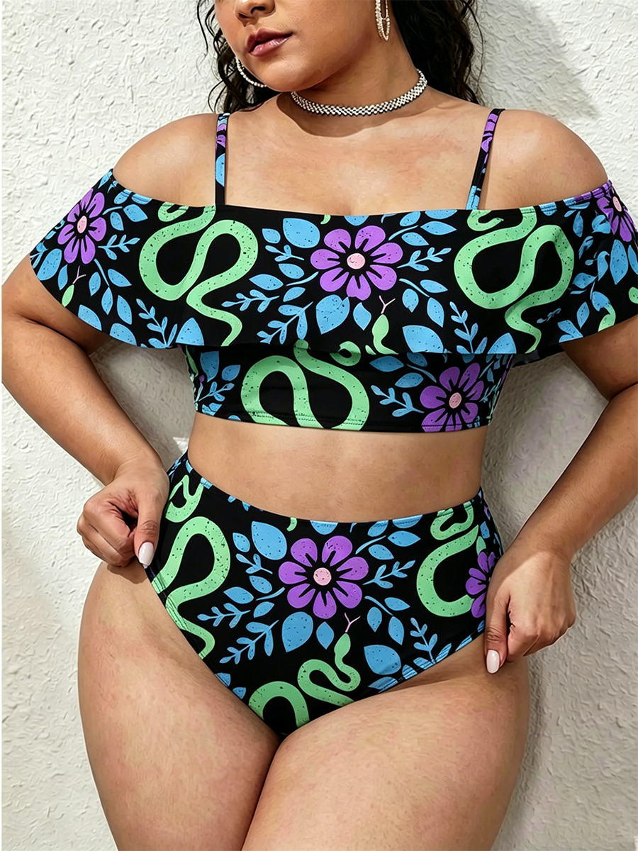 Vintage Boho Snake Floral Two Piece Ruffled Tankini Swimsuit