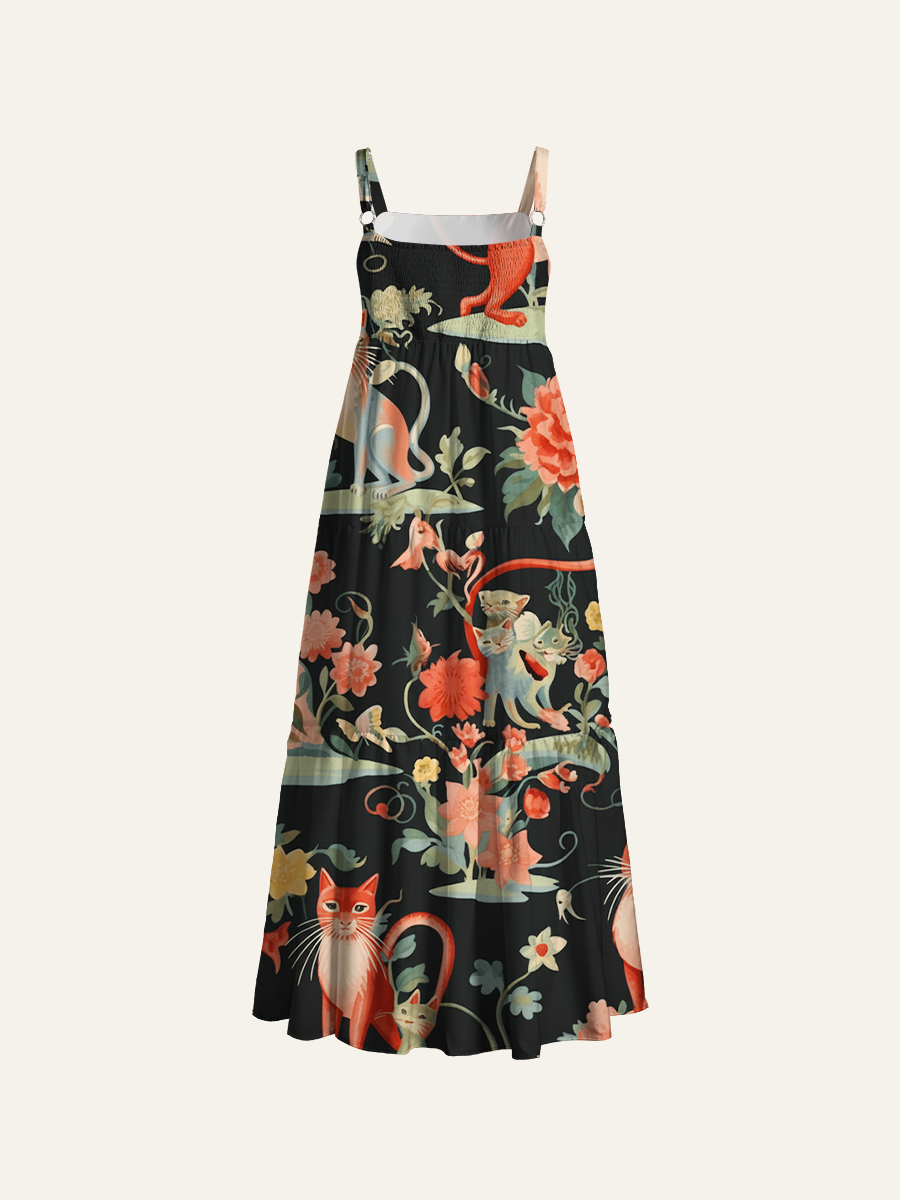 Whimsical Garden Cat Pattern Adjustable Wide Straps Maxi Dress