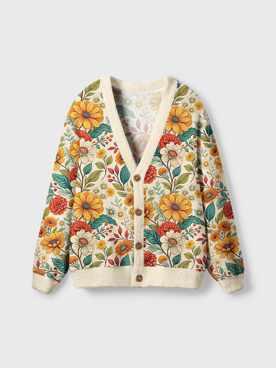 Vintage Orange Red Blooms Cute Cardigan Sweaters