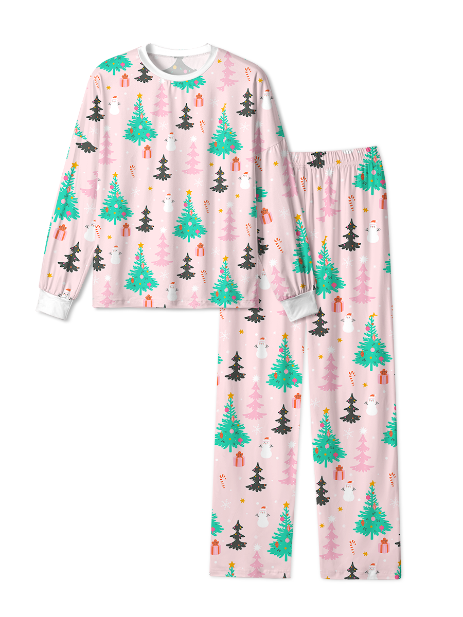 Vintage Pink Tree Snowman Gift Candy Cane Christmas Pajama