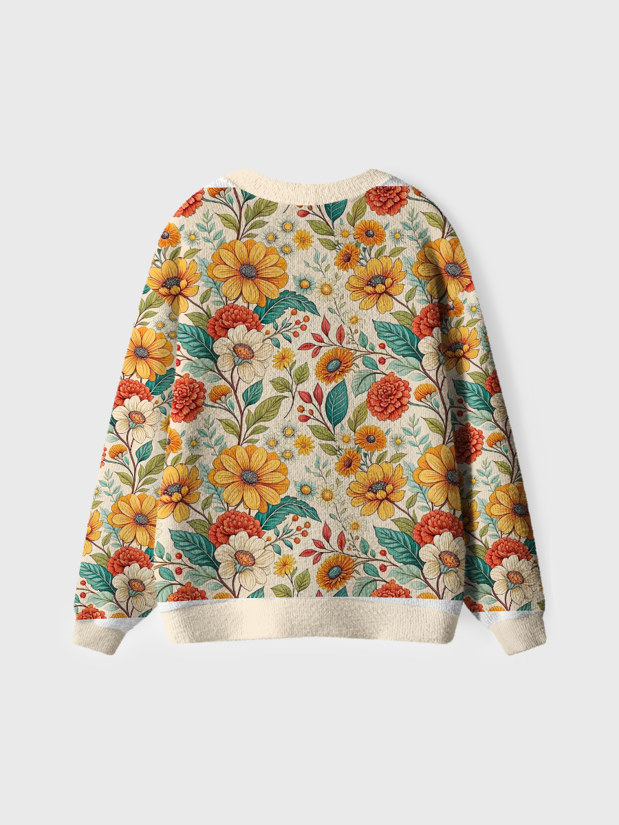 Vintage Orange Red Blooms Cute Cardigan Sweaters