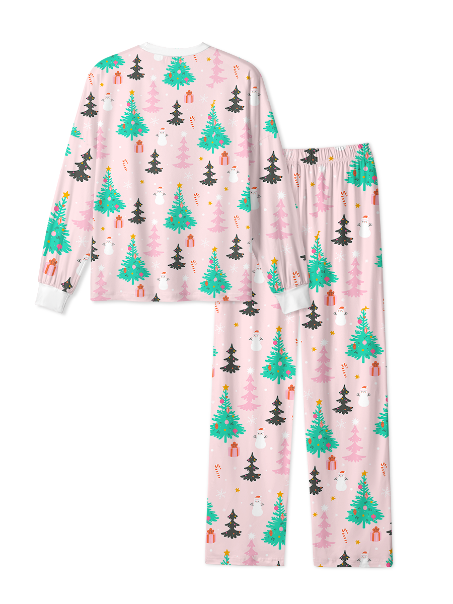 Vintage Pink Tree Snowman Gift Candy Cane Christmas Pajama