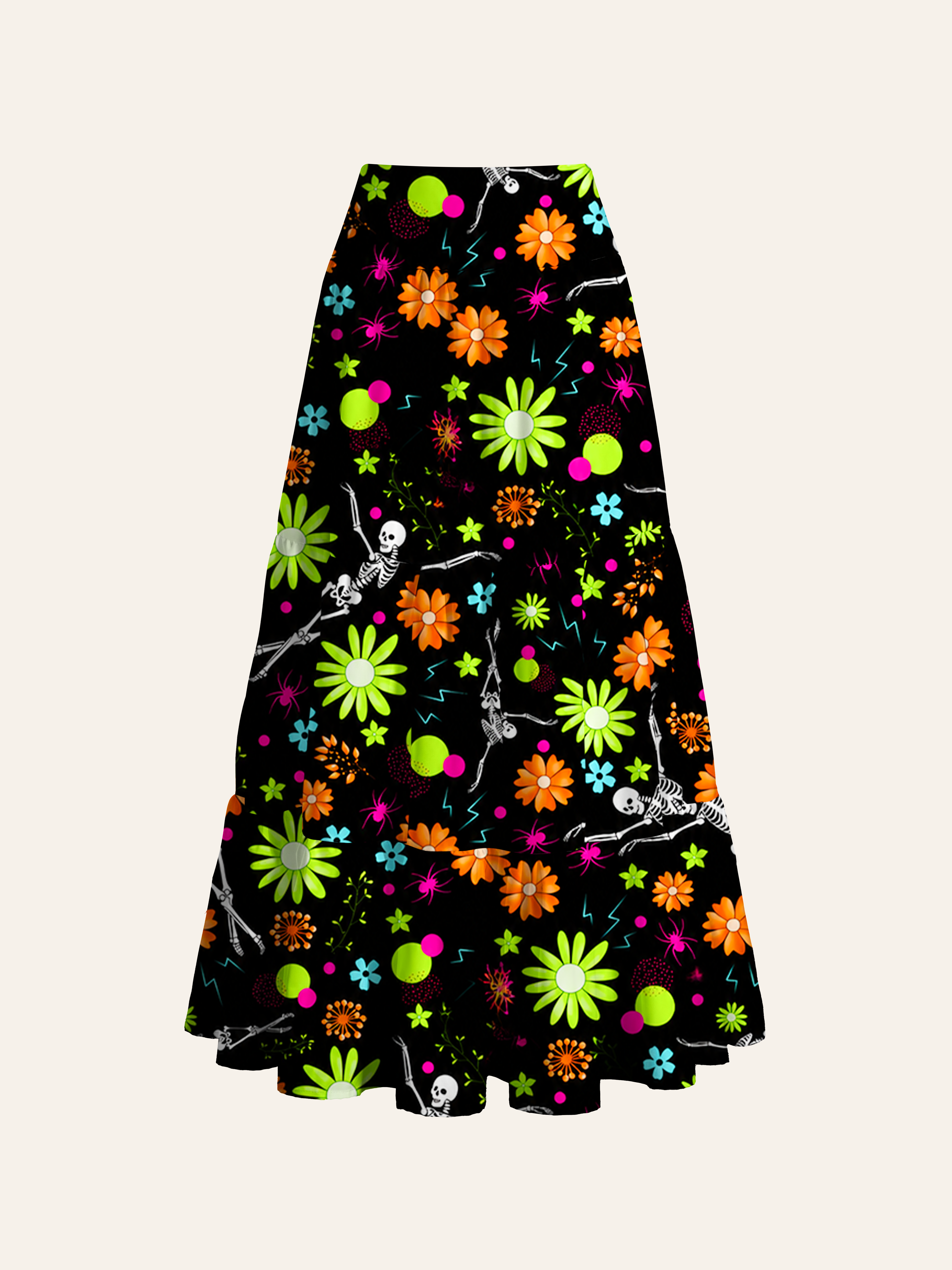 Dancing Skeleton Neon Retro Flower Halloween Cabinet Convertible Maxi Skirts