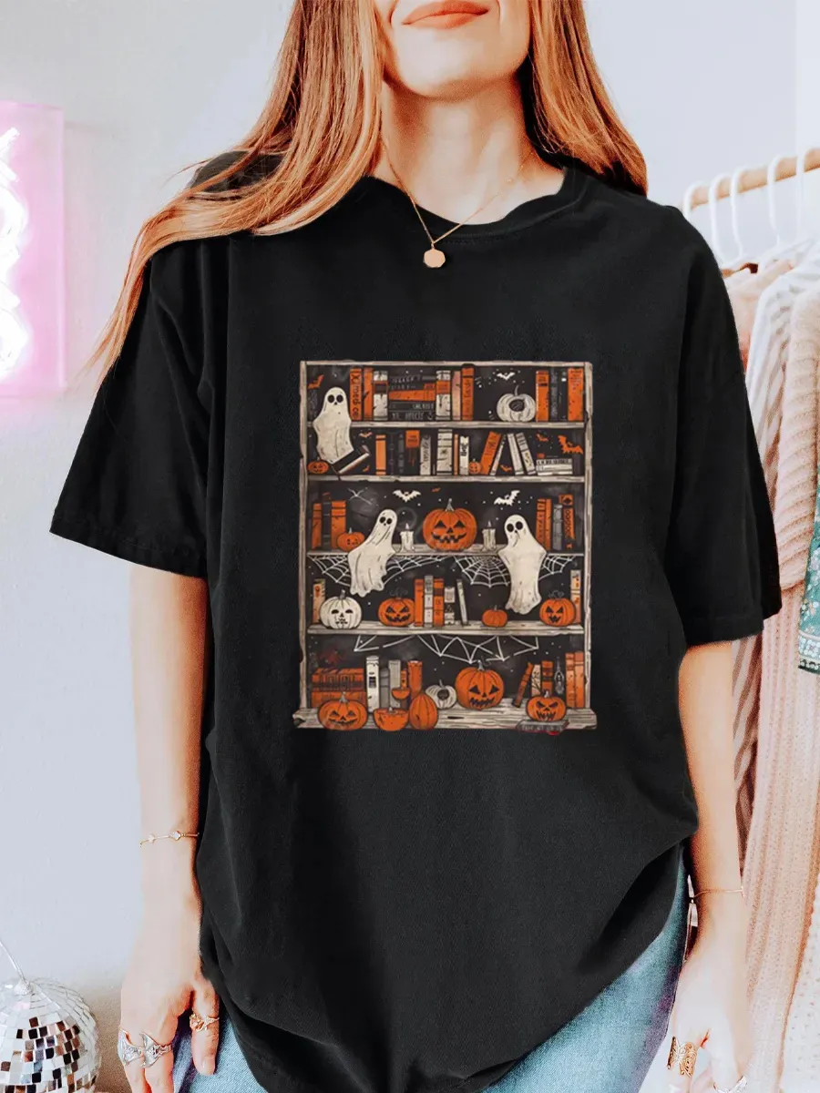 Vintage Ghost Bookcase Halloween Oversize Graphic Tee