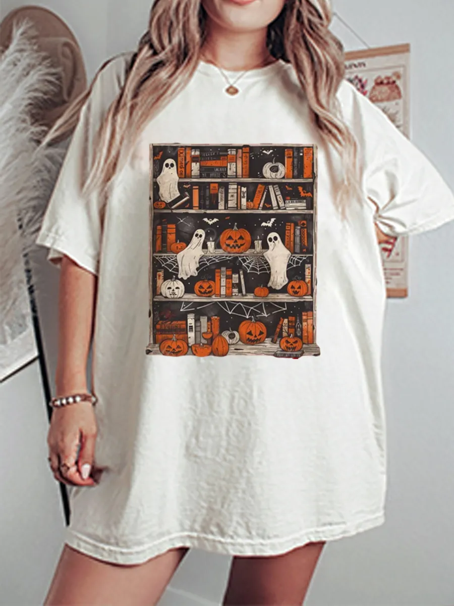 Vintage Ghost Bookcase Halloween Oversize Graphic Tee