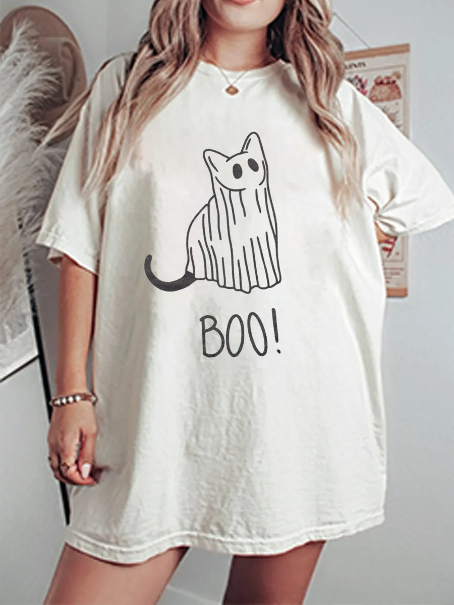 Vintage Ghost Cat Boo Oversize Graphic Tee