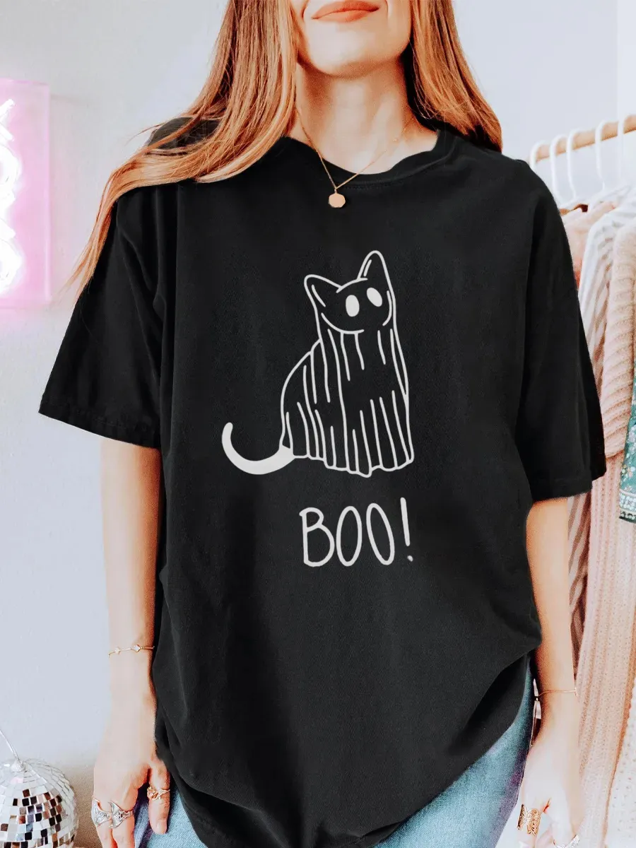 Vintage Ghost Cat Boo Oversize Graphic Tee