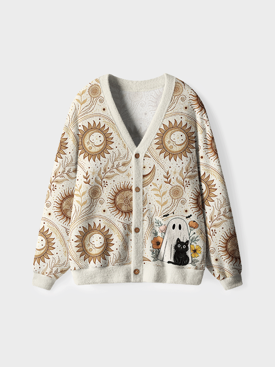 Vintage Spooky Season Black Cat And Ghost Cardigan Sweaters