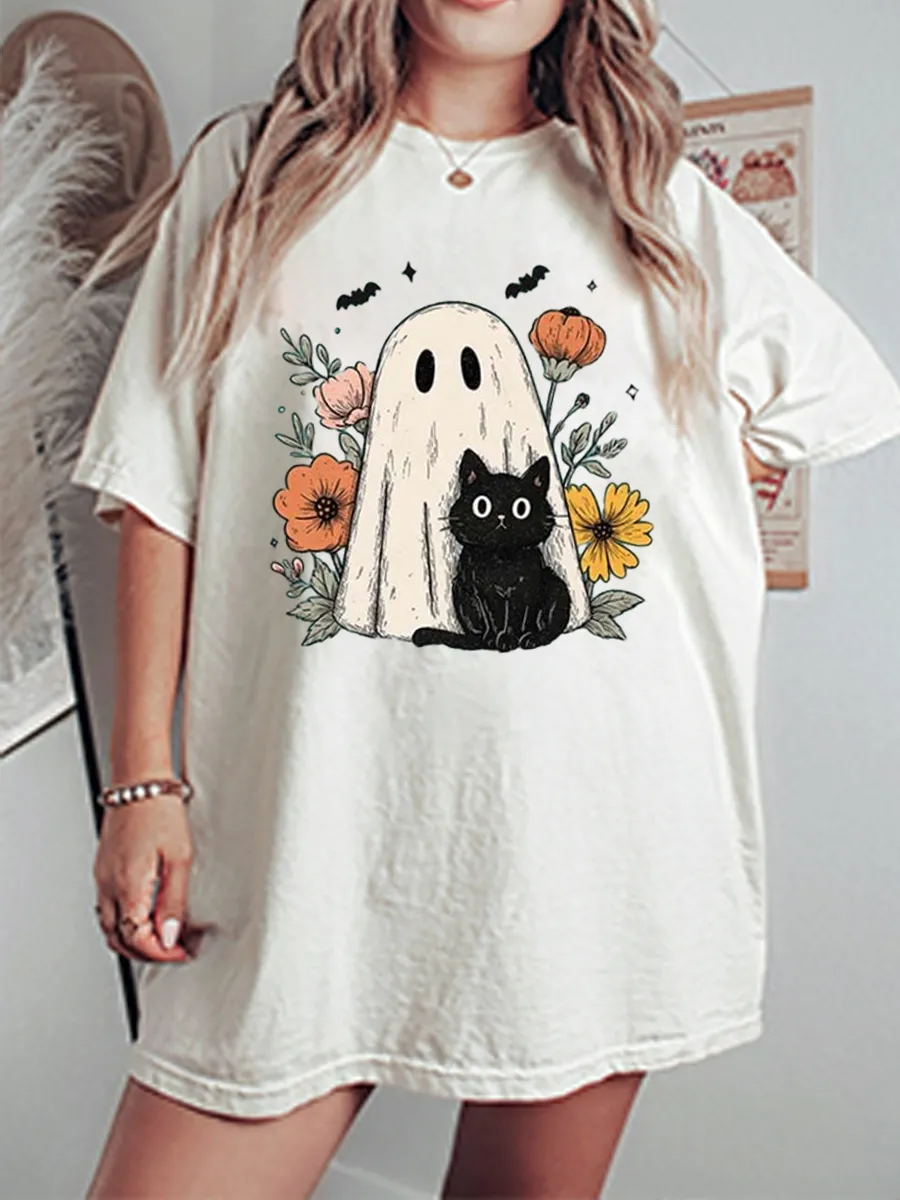 Vintage Spooky Season Black Cat And Ghost Oversize Graphic Tee