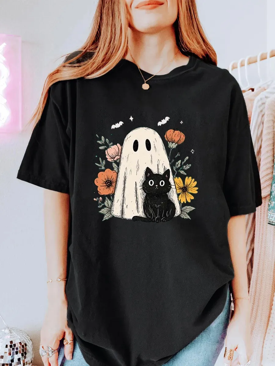 Vintage Spooky Season Black Cat And Ghost Oversize Graphic Tee