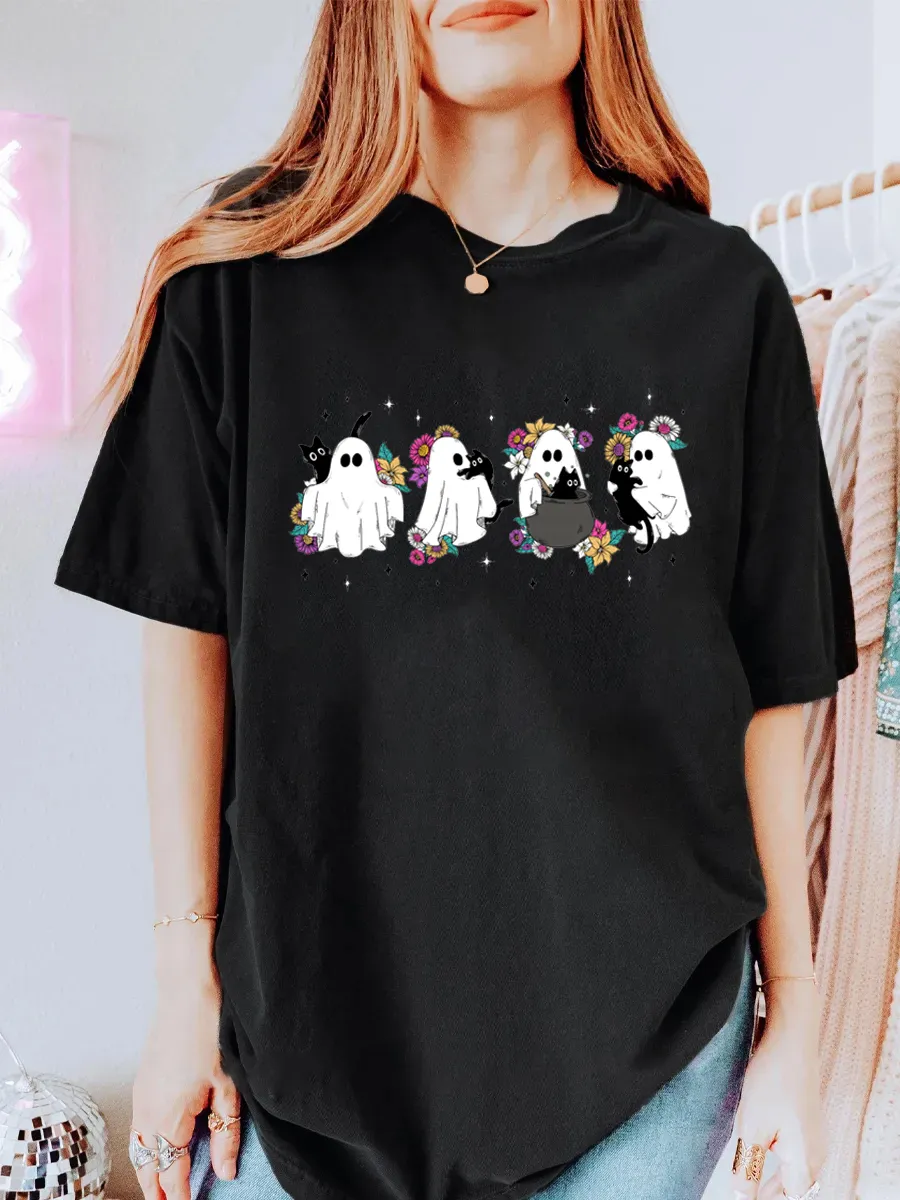 Vintage Ghosts, Flowers And Cats Oversize Graphic Tee