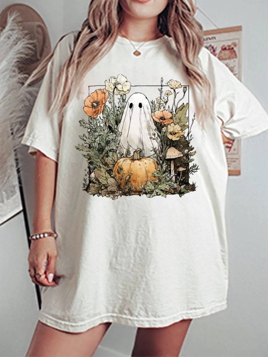 Vintage Ghost With Pumpkin Oversize Graphic Tee