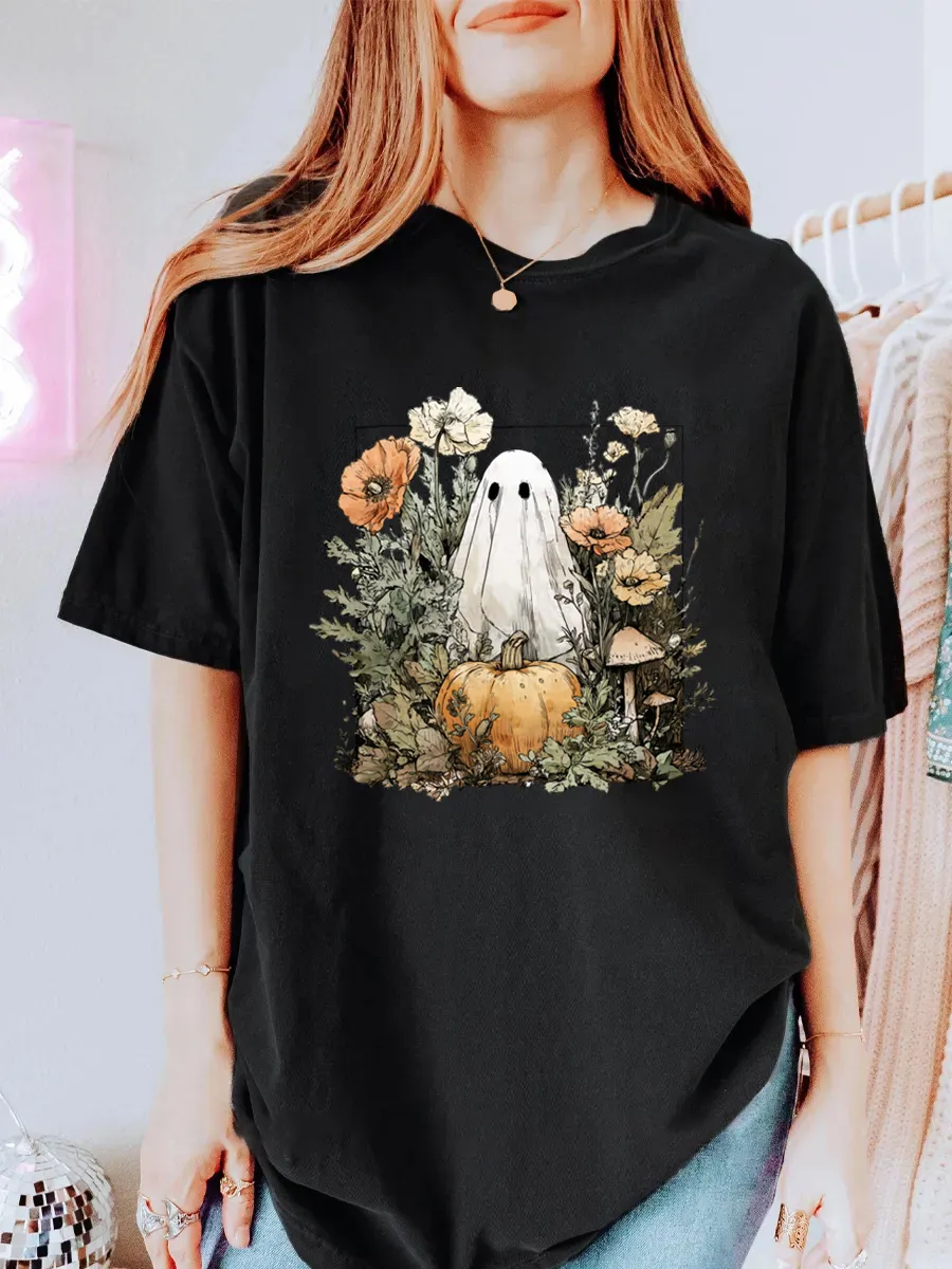 Vintage Ghost With Pumpkin Oversize Graphic Tee