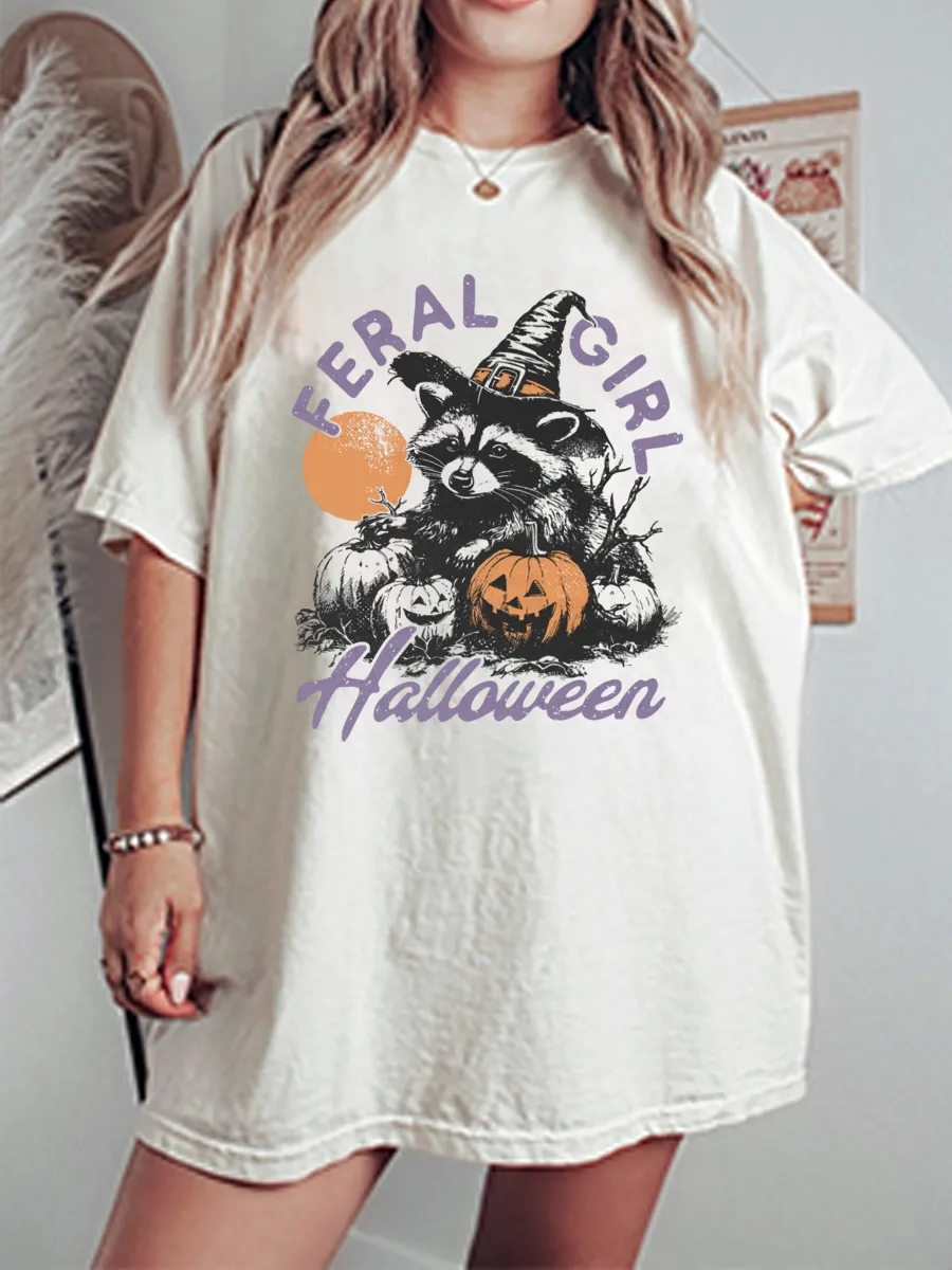 Vintage Feral Girl Halloween Raccoon Oversize Graphic Tee