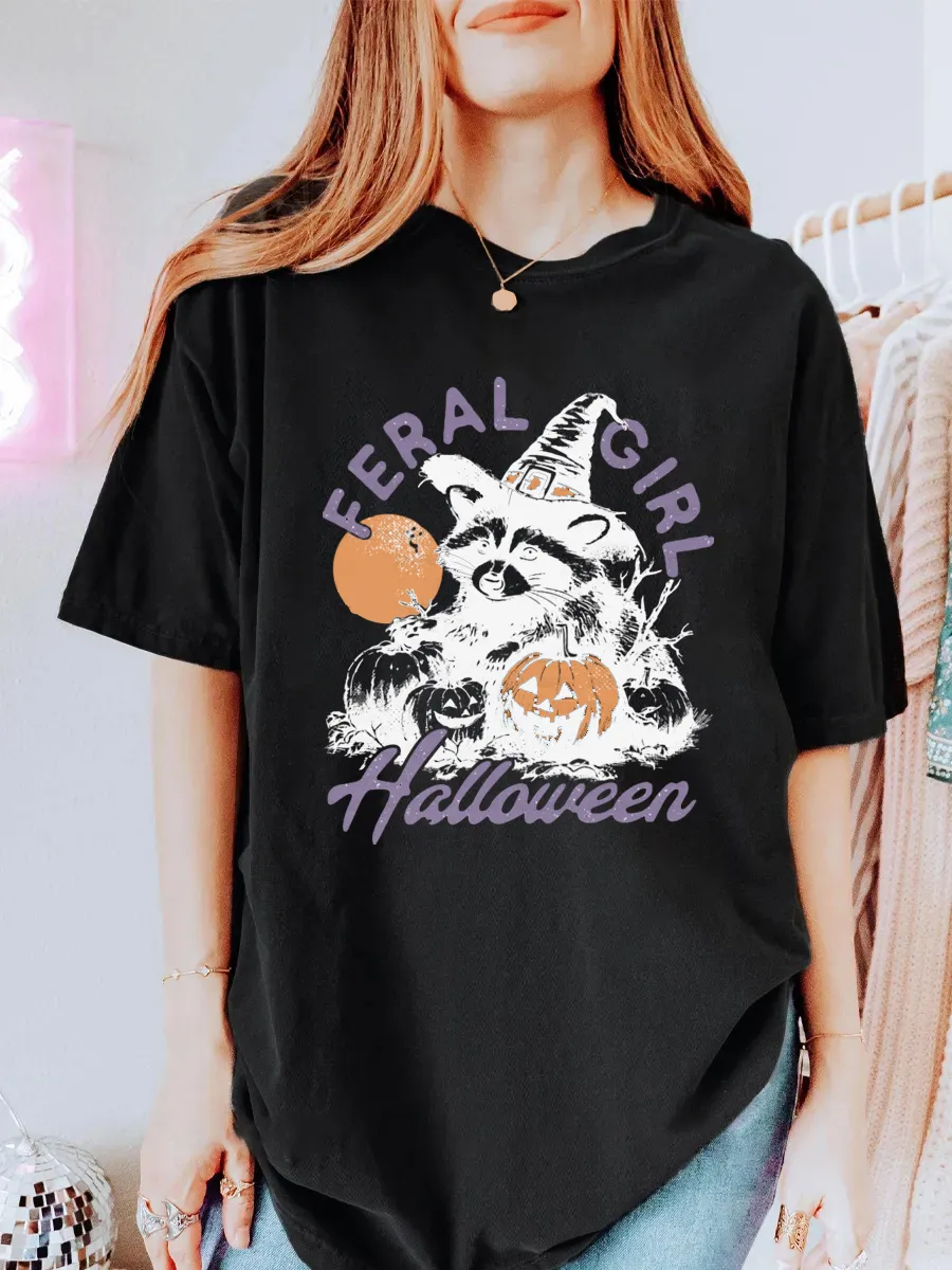 Vintage Feral Girl Halloween Raccoon Oversize Graphic Tee