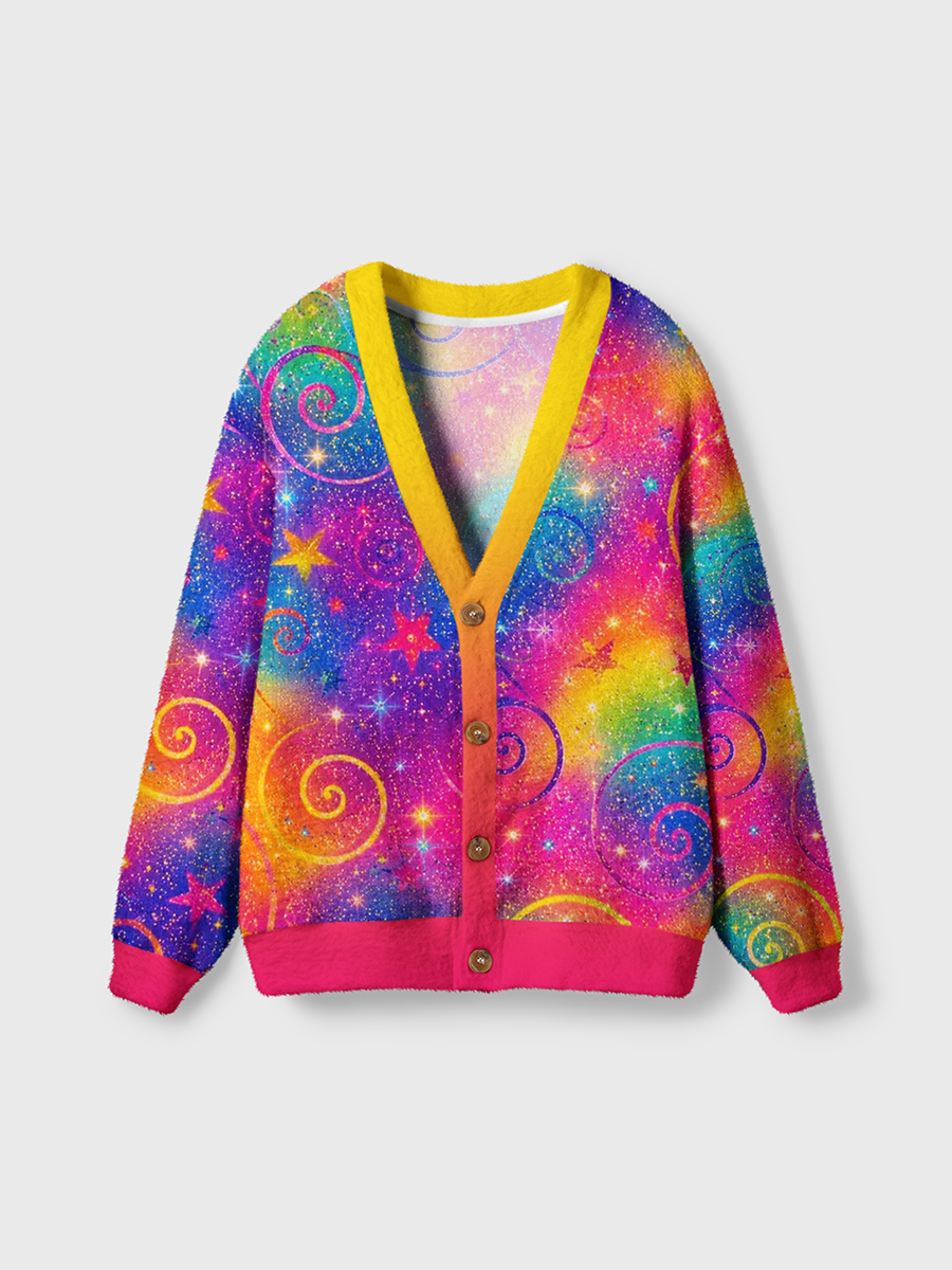 Vintage Colorful Glitter Starry Sky And Curled Swirls Cardigan Sweaters