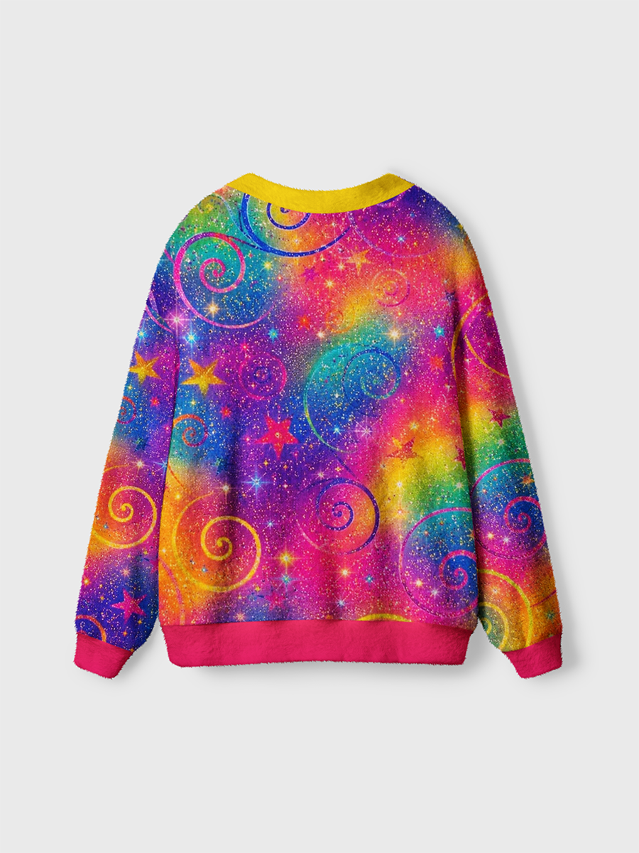 Vintage Colorful Glitter Starry Sky And Curled Swirls Cardigan Sweaters