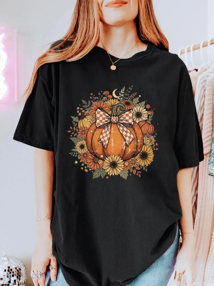 Vintage Harvest Bloom Pumpkin Oversize Graphic Tee