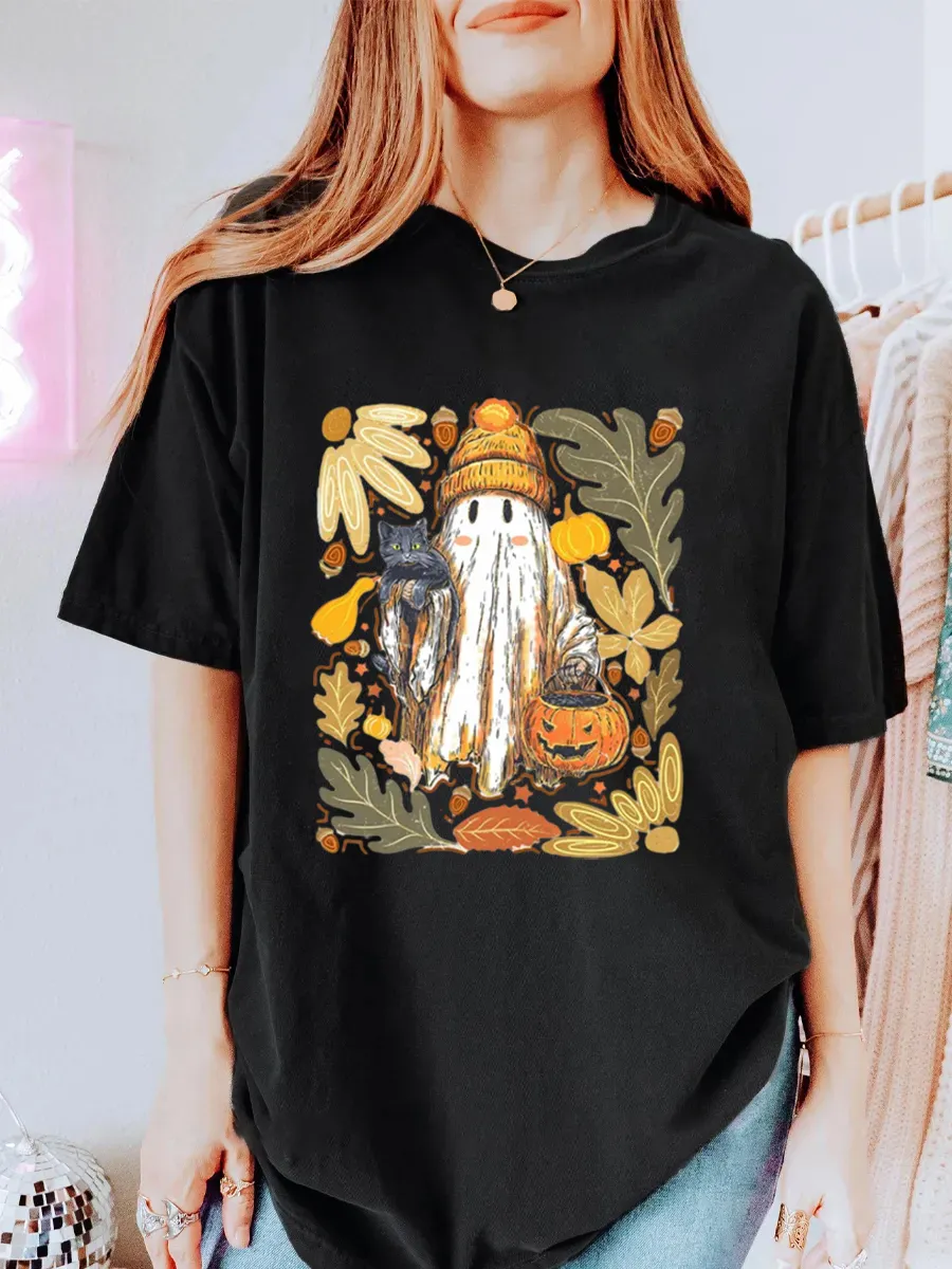 Vintage Floral Lace Boo Ghost Oversize Graphic Tee